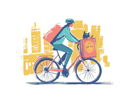 Person riding bicycle with delivery bag in urban setting, colorful illustration.