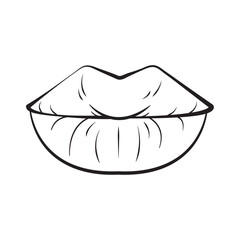 Woman beautiful lips in black and white in outline style, female sexy lips, isolated on white background for icons, logo, kiss, stickers	