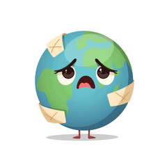 Fototapeta premium Ailing Earth, Cartoon globe expresses sadness, bandaged up, highlighting planetary health concerns and the need for global care,