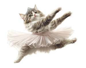 Playful cat in a ballet outfit, jumping gracefully against a white background.