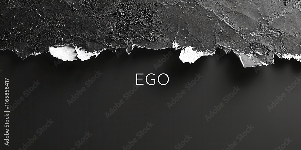 Poster black and white image of a torn piece of paper with the word ego written on it