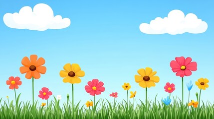 Fototapeta premium Colorful flowers blooming under a bright blue sky with fluffy clouds.