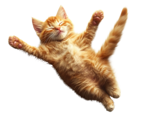 Playful ginger kitten sleeping on a white isolated background.