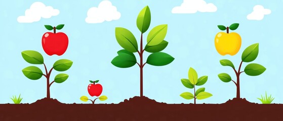 Colorful fruit trees growing in the garden against a blue sky.