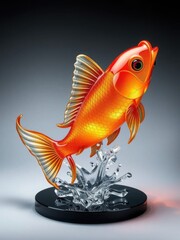 "Create a highly detailed and realistic glass sculpture of a koi fish in a leaping pose. The fish should feature vibrant orange and gold scales with intricate black accents..