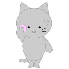 汗を拭くかわいい灰色猫のイラスト