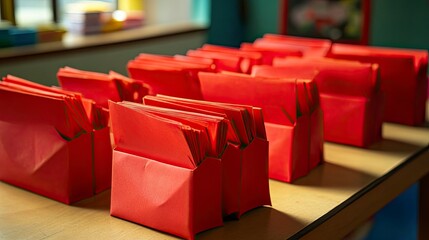 Red envelopes being used as currency in a children's mock economy classroom.