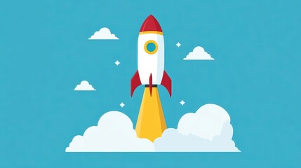 Colorful rocket launching with clouds, flat design style, bright blue background.