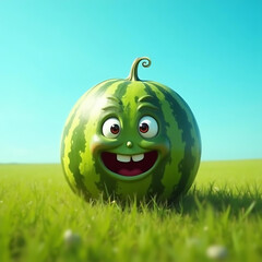 Cheerful Cartoon Watermelon Character Smiling in a Vibrant Sunny Field