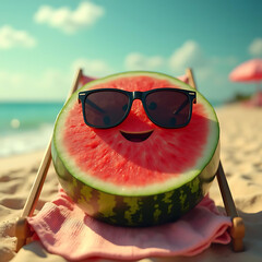 A Playful Watermelon with Sunglasses Enjoying Sunbathing on a Tropical Beach in Summer