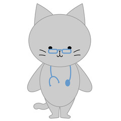 お医者さんごっこをしているかわいい灰色猫のイラスト