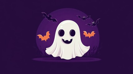 Obraz premium Cute cartoon ghost with bat silhouettes, playful Halloween theme on a purple background.