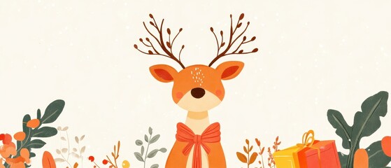 Naklejka premium Cute deer surrounded by colorful autumn leaves and festive gifts.