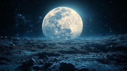 Full moon over a rugged, cratered lunar landscape at night.