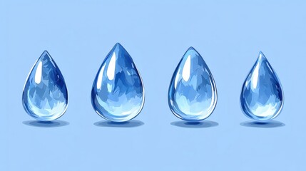 Four water drops on a blue background, stylistic and clear design.