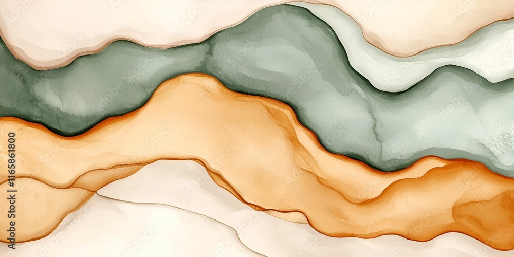 Poster rustic boho watercolor backdrop concept. abstract watercolor waves in soft earth tones create a soot
