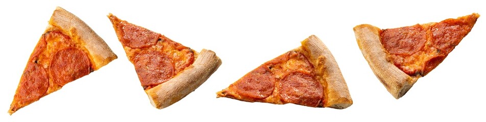 Pizza slices isolated on white background. Delicious peperoni pizza slices salami and cheese, tomato, floating pizza pieces flying from different angles. Italian style pizza slices top view