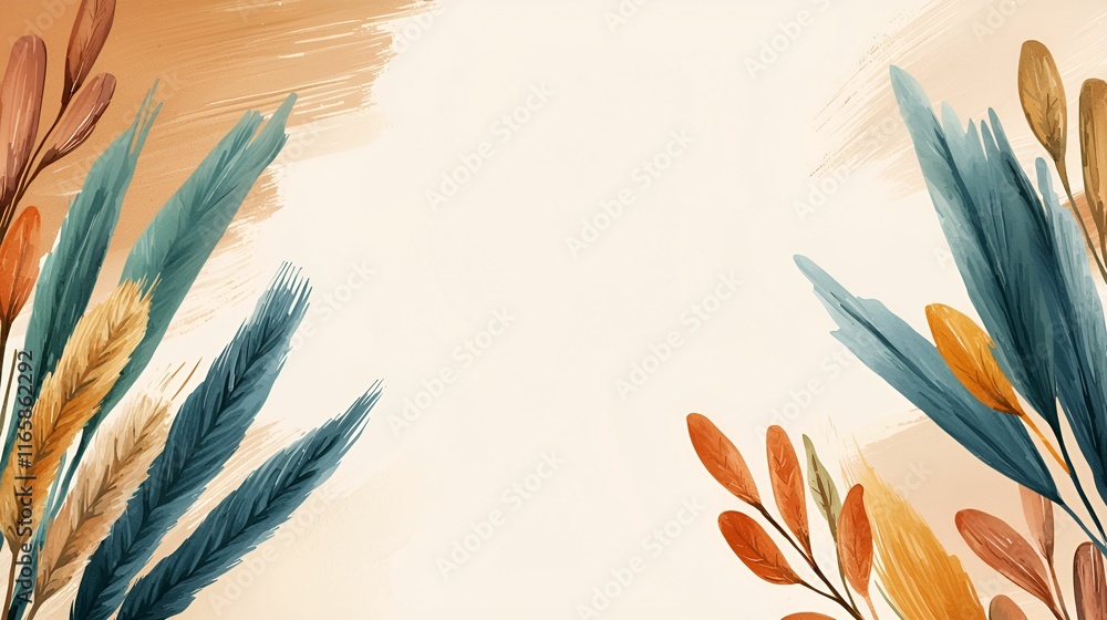 Poster rustic boho watercolor backdrop concept. colorful abstract foliage design with space for text in the