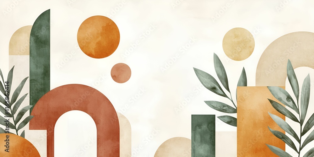 Poster rustic boho watercolor backdrop concept. abstract design featuring shapes and foliage in warm tones 