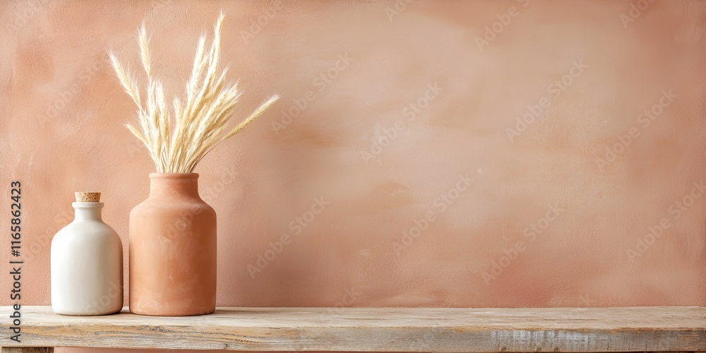 Poster rustic boho watercolor backdrop concept. a rustic scene featuring vases with dried grass against a w