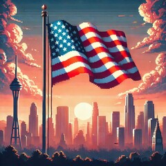 Naklejka premium American flag design with urban background, pixel art