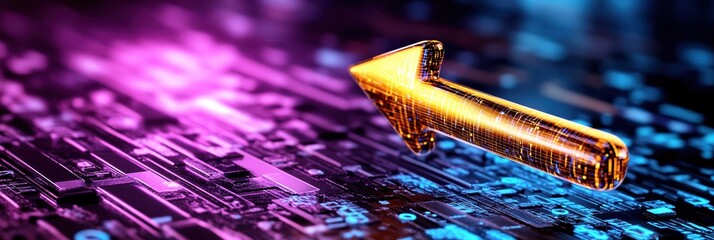 Golden arrow pointer on a colorful digital background.