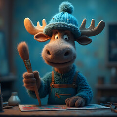 A Charming Cartoon Moose Painting with Intricate Details in a Cozy Art Studio Environment