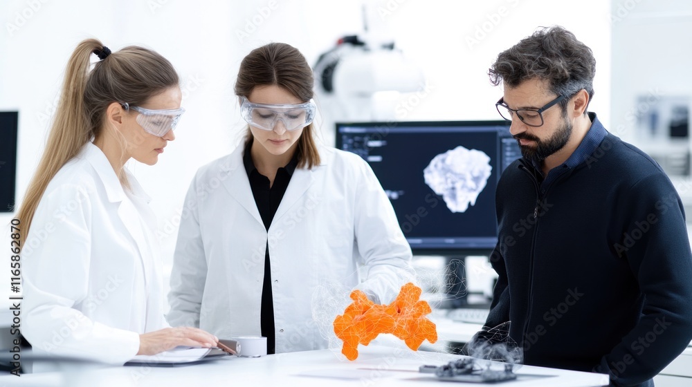 Aufkleber scientists examining a 3d model in a modern lab setting.
