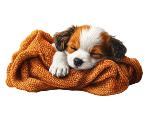 Sleepy puppy curled up on cozy blanket, peaceful and adorable, perfect for pet lovers.