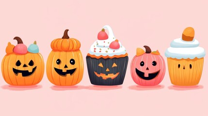 Fototapeta premium Halloween-themed cupcakes with pumpkin decorations on a pink background.