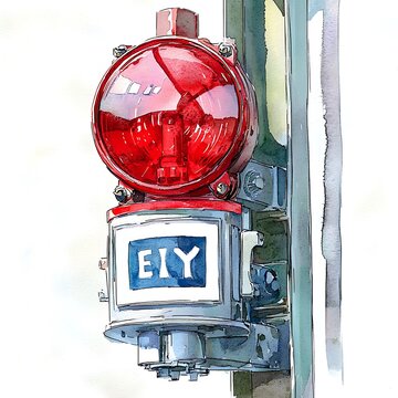 Watercolor Painting of a Red Industrial Signal Light with the Letters "EIY" on a Grey Box.