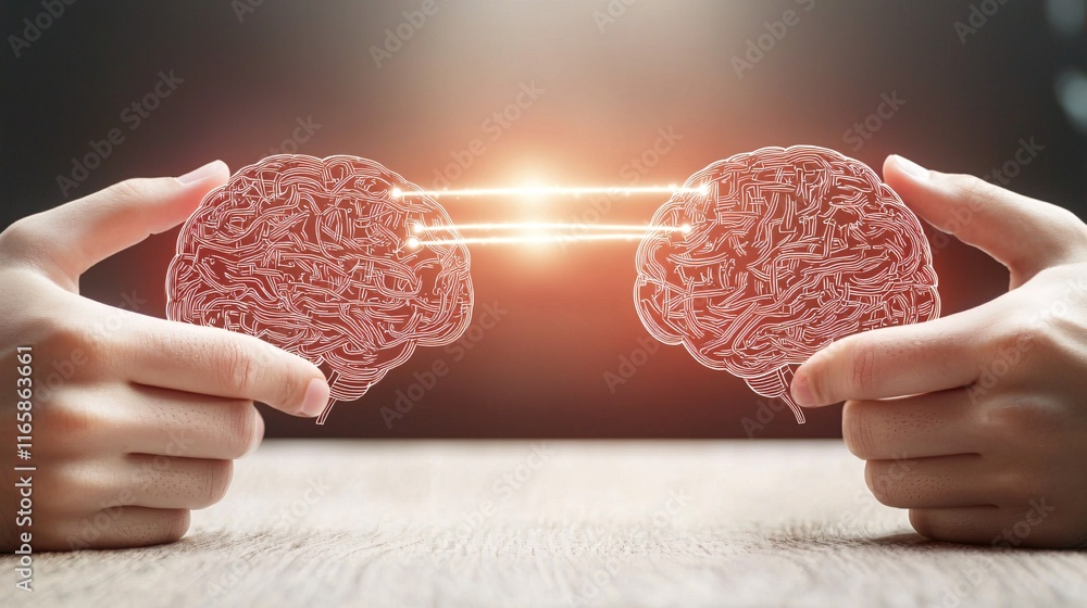 Poster ai and consumer behavior and technology concept. connection between two human brains in symbolic art