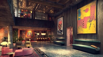 Modern Hotel Lobby Interior Design: Abstract Art and Industrial Chic