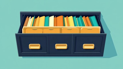 Organized filing cabinet with colorful folders on a turquoise background.