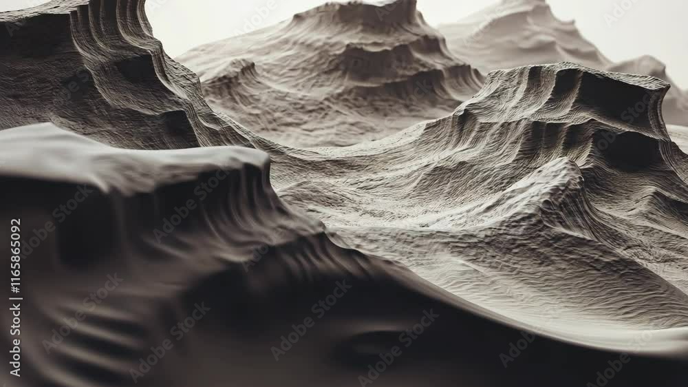 Poster unique texture of layered sand dunes resembling mountain ranges crafted from clay in a studio settin
