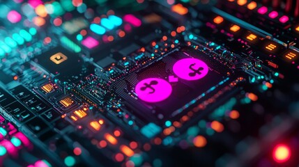 A vibrant close-up of a circuit board featuring glowing elements and a digital symbol.