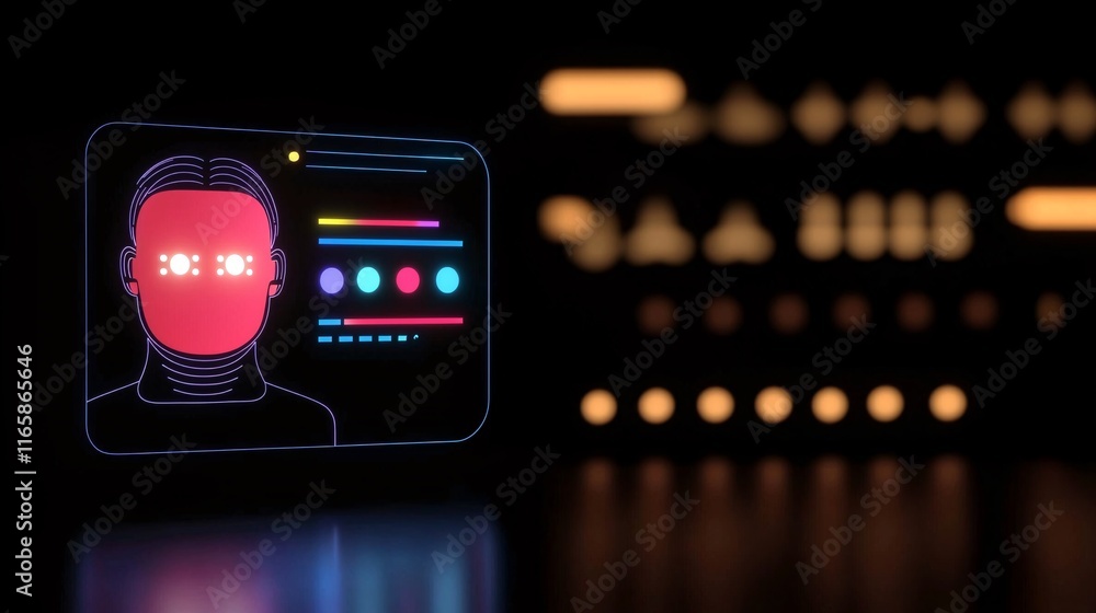 Poster ai and consumer behavior and technology concept. futuristic digital face with neon elements display