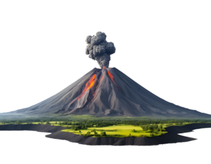 Volcano erupting over a lush green landscape, isolated for easy compositing
