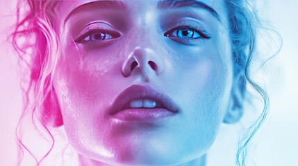 Fototapeta premium A woman's face modeled in a Grainy Gradient style, with smooth transitions of blue and purple hues blending across her features