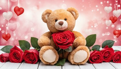Adorable teddy bear holding a single red rose, surrounded by more roses and hearts. Perfect for Valentine's Day or romantic occasions.