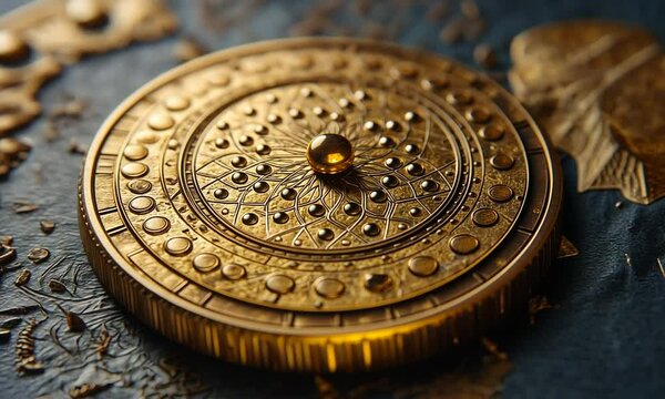 A detailed golden compass-like object resting on a textured surface, suggesting exploration.
