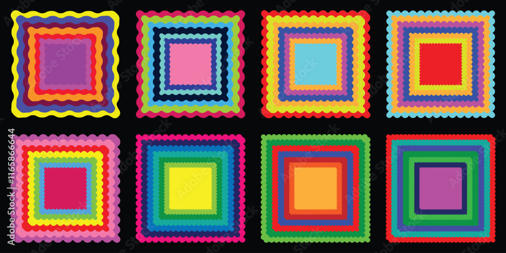 Poster vector set of rectangle wavy frames with scallop edge. squiggle photo borders with zig zag edges. re