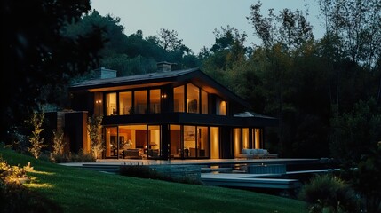 Luxury Modern House in Hillside Setting at Night
