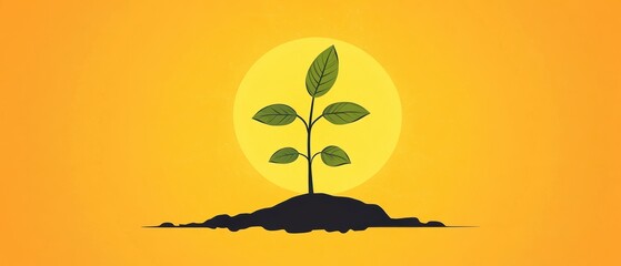 Young plant sprouting from soil with a bright yellow background.