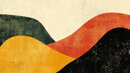 Abstract boho-style banner with layered organic shapes and textured details in shades of sand, rust, olive, and mustard yellow