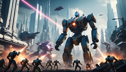 Giant Robot Battle in Futuristic City