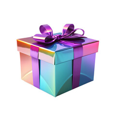 Obraz premium Colorful holographic gift box with a vibrant purple ribbon.