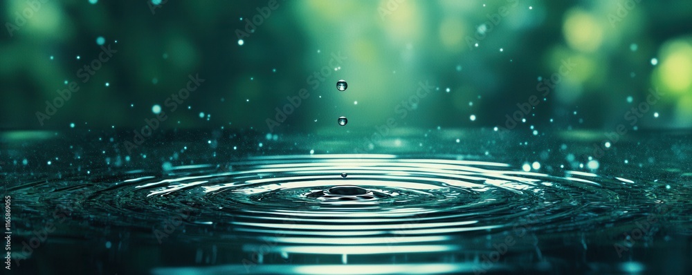 Aufkleber a serene image of water droplets creating ripples on a reflective surface, surrounded by a soft, gre