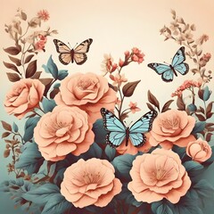 Garden View With Flowers And Butterflies