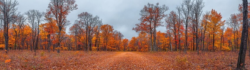 Obraz premium Golden Autumn Forest: A dense forest filled with trees whose leaves are bright shades of orange, yellow, and red, carpeting the ground